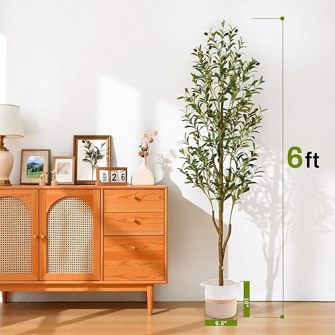 Waipfaru Artificial Olive Tree, 6FT Tall Faux Olive Trees with Planter & Basket, Artificial Plants Indoor with Natural Wood Trunk and Realistic Fruits for Home Decor Office Living Room