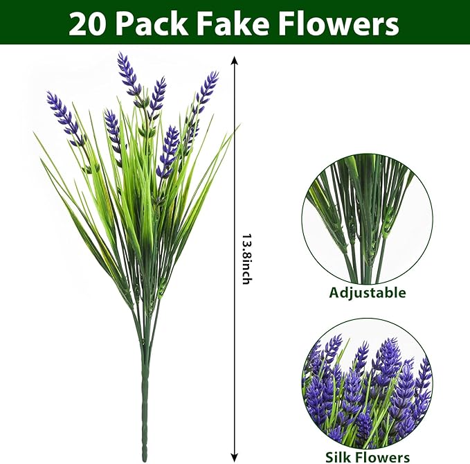 20 Bundles Artificial Plants Outdoor, UV Resistant Fake Flowers， Realistic Faux Lavender Shrubs for Porch Garden Window Box Home Decoration (Purple)