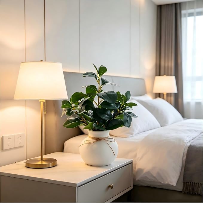 16.5'' Artificial Ficus Branch Arrangement, Real Looking Faux Plant with Glossy Green Oval Leaves, White Ceramic Vase with Rope Accent and Pebbles for Table Entryway Indoor Decor