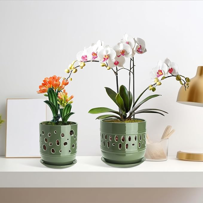 Orchid Pots with Holes, 5+6 Inch Ceramic Orchid Pot, Enhance Good Ventilation and Drainage, Flower Pots for Indoor/Outdoor Plants 2 Pack - Forest Green