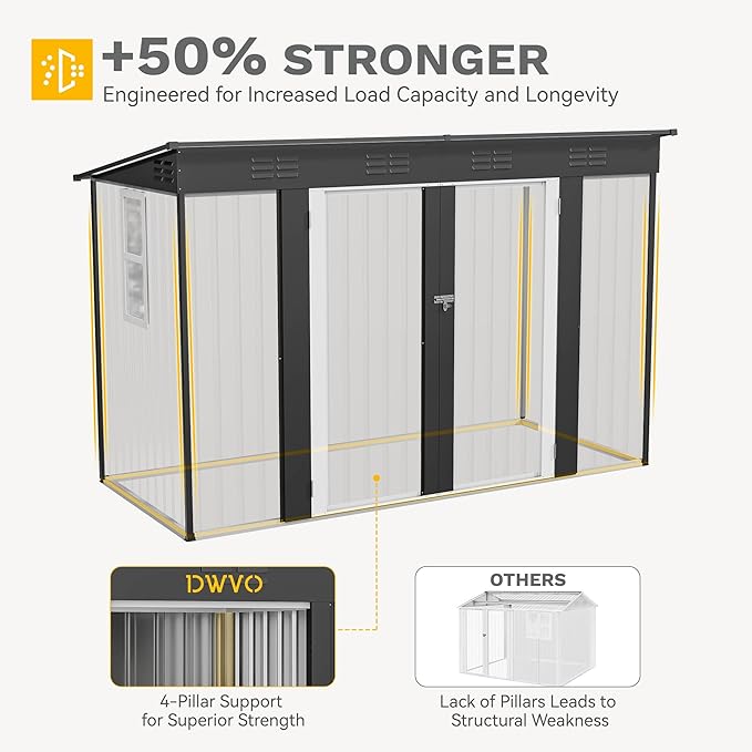 DWVO 9' x 4' Outdoor Storage Shed with Windows, Lockable Double Doors, Sloped Roof, Heavy-Duty Steel Shed for Garden & Patio, Large Backyard Tool Organizer, Dark Gray