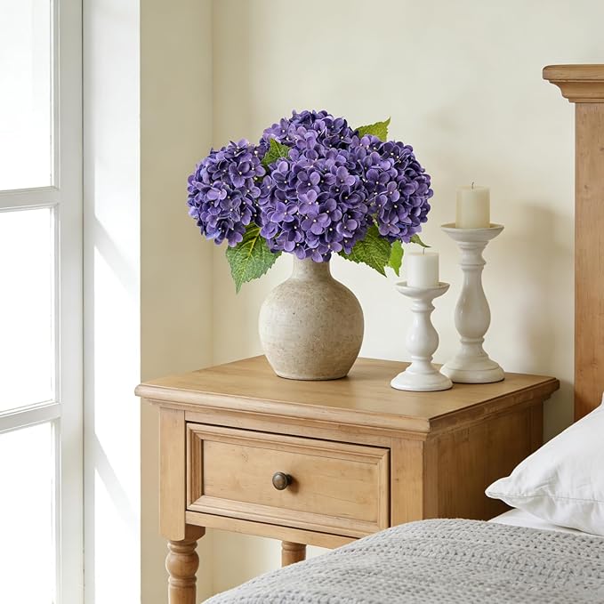 ZYTUYO 20 inches 4 Pcs Violet Purple Real Touch Hydrangea Artificial Flowers Boho Lifelike Real Looking Latex Hydrangeas Flower with Long Stem for Home Decor Spring Table Centrepiece