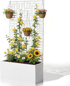 Outvita Metal Planter Box with Trellis, 71’’ x 36’’ x 16’’ Raised Garden Bed with Drainage Holes for Climbing Plants, Vegetables, Vines, Privacy Planters for Patio (White)