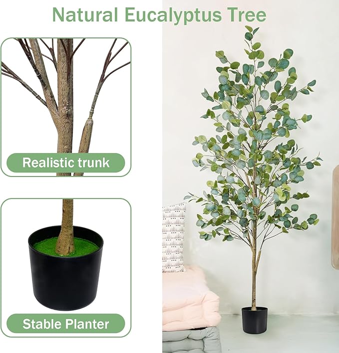Caxchiling Artificial Eucalyptus Tree 6FT, Faux Tree for Indoor Outdoor, Potted Plants with Planter and Basket, Lifelike Silk Plants with Natural Wood Trunk, Home Office Greenery Decor, 2 Pack