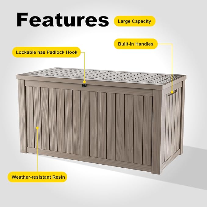 180Gallon Waterproof Outdoor Storage Box, UV Resistant Resin Deck Box with Hydraulic Rod for Reinforced Stability, Perfect for Patio, Garden, and Pool（Grey，180 Gallon）