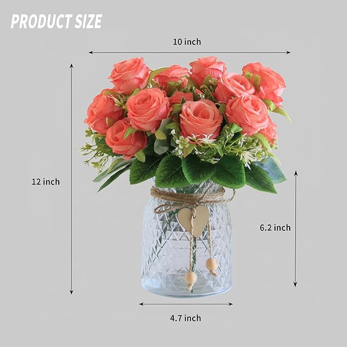 Faux Flowers in Vase, 18 Pcs Fake Rose Flowers, Artificial Flowers for Home Decor, Indoor Centerpiece for Living Room & Dining Table - Pink