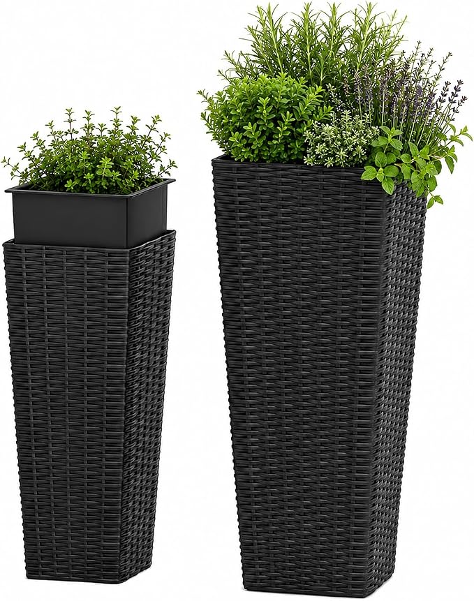 Giantex Set of 2 Planters for Outdoor Plants, Tall Tapered Plants w/Inner Trays, Drainage Holes, Decorative PP Flowerpots 32" & 24" Tall for Porch, Patio, Garden, Backyard, Indoors & Outdoors (Black)