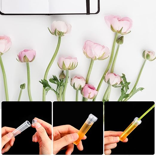 Irenare 300 Pack Flower Water Tubes 3 Inch Reusable Plastic Vials for Flower Arrangements Floral Tubes with Cover Fresh Florist Supplies for Decoration Arrangement Preserving(Clear)