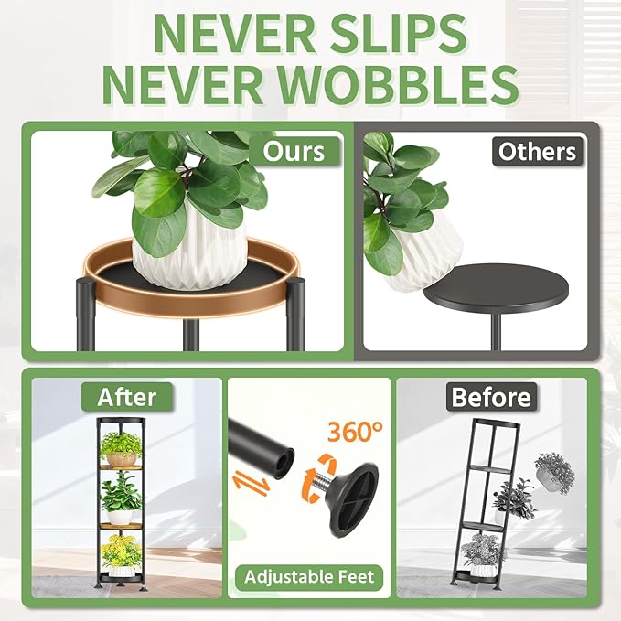 KMOTASUO 4 Tier Black Plant Stand Indoor for Large Tall Heavy Duty Planter, Multiple Sturdy Metal Flower Corner Rack for Narrow House Floor, Iron Vertical Level Round Orchi Holder Organizer, Modern