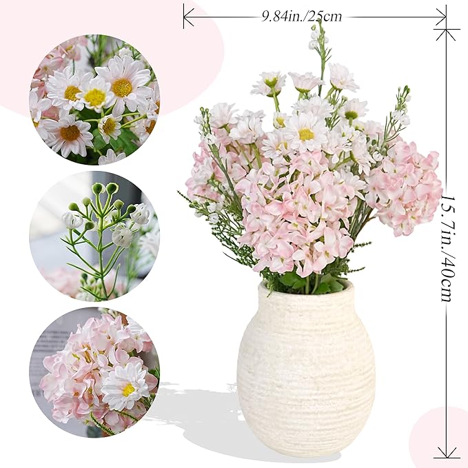 Jahe Faux Hydrangea Flowers Fenterpieces for Tables, Hydrangea Artificial Flowers Mixed Potted Plant, Fake Daisy Mixed Bouquet with Pot, Living Room, Bathroom, Balcony, Light Pink