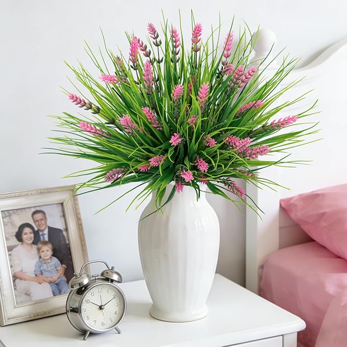 Roberly 24 Bundles Artificial Plants Outdoor, Fake Lavender Flowers UV Resistant Faux Shrubs Plastic Flowers Fake Greenery Plants for Porch Garden Window Box Home Indoor Outdoor Decorations, Pink