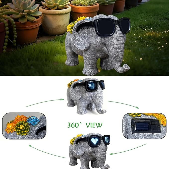 Solar Garden Outdoor Statues Elephant with Succulent and LED Lights –Outdoor Decor Ornament for Patio, Backyard, or Lawn – Gifts for Mom Grandma(9.06" D x 5.31" W x 5.71" H)