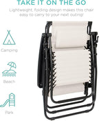 Best Choice Products Folding Zero Gravity Outdoor Recliner Patio Lounge Chair w/Adjustable Canopy Shade, Headrest, Side Accessory Tray, Textilene Mesh - Ivory