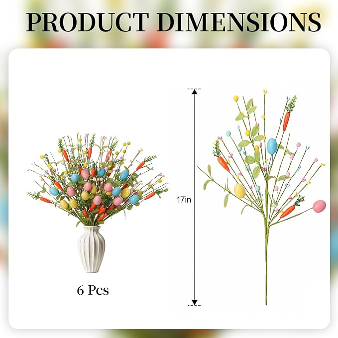 Easter Decorations 6 Pack Easter Stems 17 Inch Artificial Egg Picks with Carrots Colorful Eggs Eucalyptus Leaves for Living Room Centerpieces Home Vase Decor
