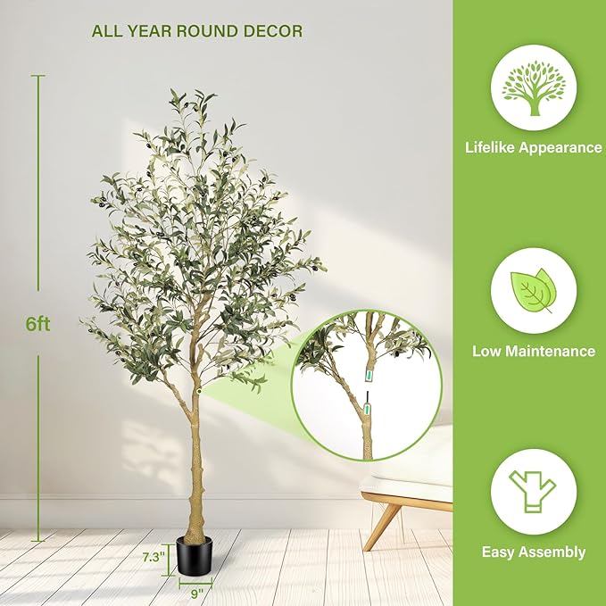 FEELEAD 6ft Faux Olive Tree – Tall Artificial Olive Tree with Natural Trunk, Fake Olive Tree Indoor Decor, Olive Plant Artificial Indoor for Home and Office