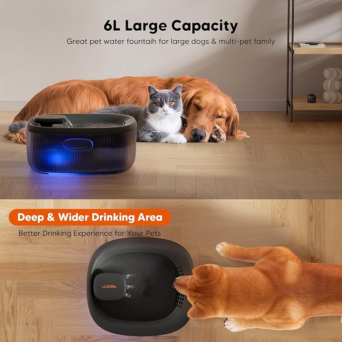 WOPET Dog Water Fountain for Large Dogs, 6L/205oz/1.7Gal Automatic Dog and Cat Water Fountain, Pet Water Dispenser with 5 Filters, Ultra-Quiet Pump, Great for Large Dogs Cats and Multi-Pet Home