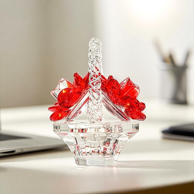 H&D HYALINE & DORA Crystal Red Rose Flower Basket Crystal Collectible Figurines Ornaments for Home Decor Table Centerpiece