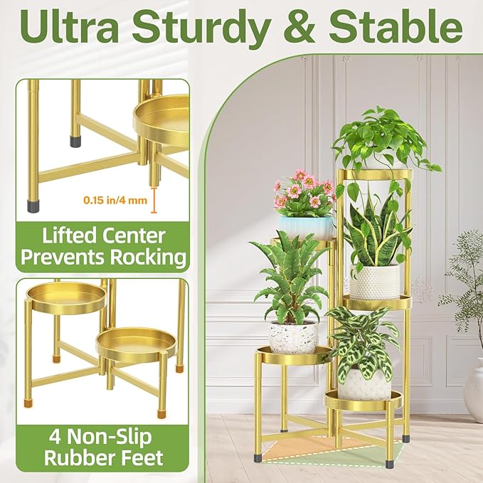 iDavosic.ly Plant Stand Indoor Outdoor, 5 Tier Corner Metal Flower Display Holder Shelf, Folding Tall Orchid Rack for Patio Balcony Porch Garden Living Room House, Gold