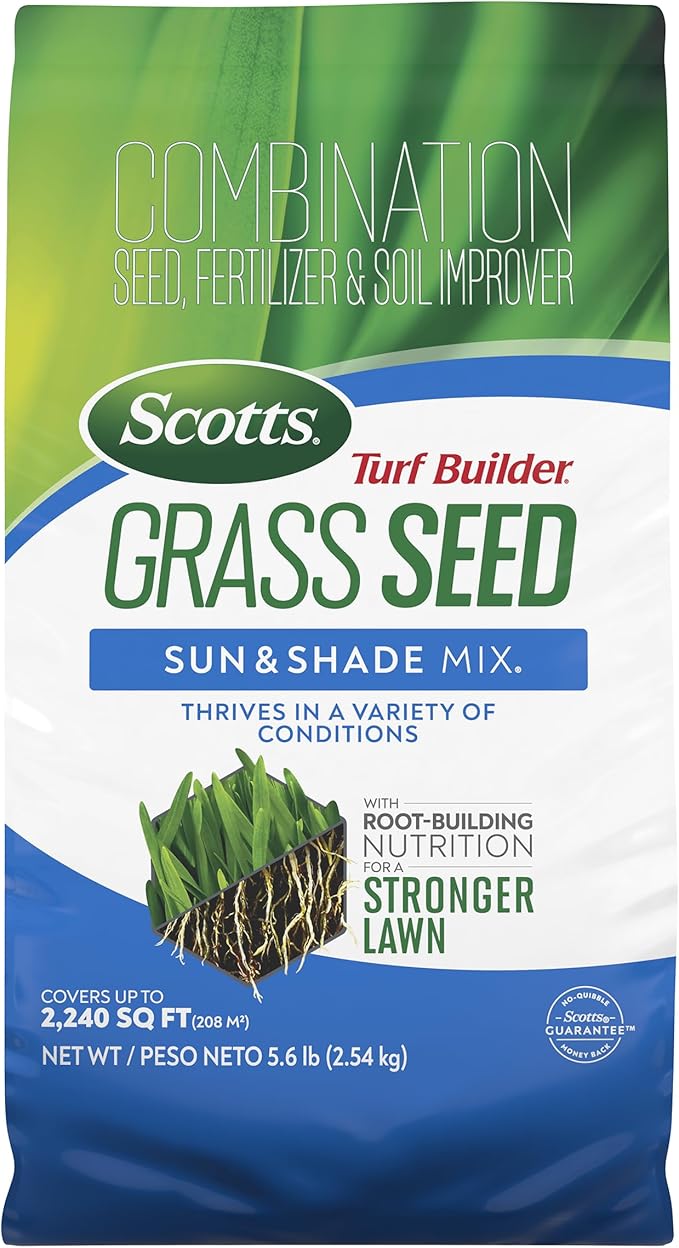 Scotts Turf Builder Grass Seed Sun and Shade Mix - Grass Seed Plus Lawn Fertilizer and Soil Improver, Covers Up To 2,240 sq. ft., 5.6 lb.