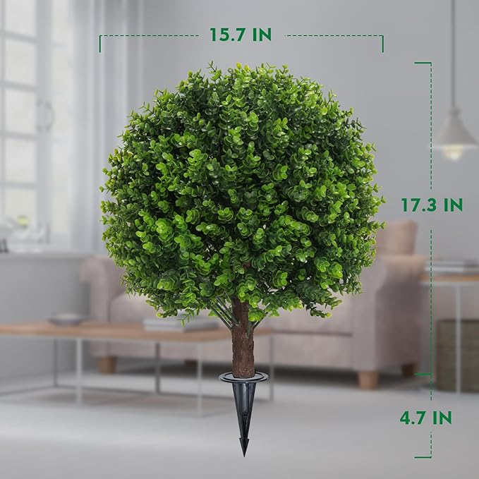 AOKIIE Set of 2 Artificial Green Boxwood Topiary Ball Tree for Outdoor with Ground Spike, 22" UV Resistant Faux Greenery Shrubs, Fake Plants for Garden Yard Porch Patio(Green)