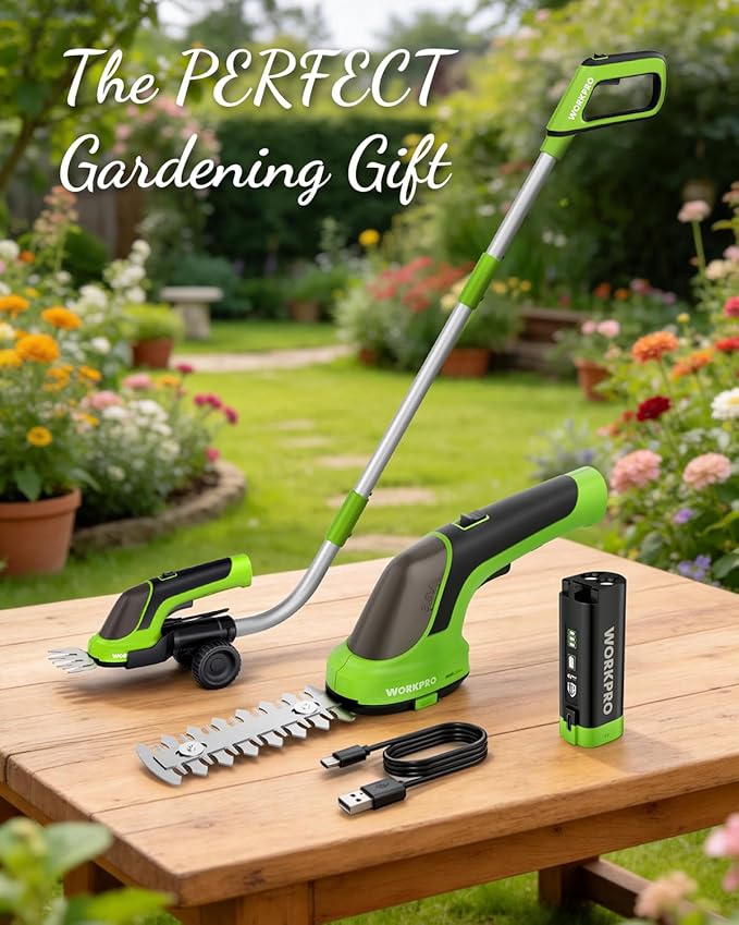 WORKPRO 3.6V Hedge Trimmer Cordless, 3-in-1 Electric Hedge Trimmer & Grass Cutter with 37'' Wheeled Extension Pole, 4.0Ah Removable Battery & Type-C Cable, Lightweight Bush Trimmer for Lawn & Garden