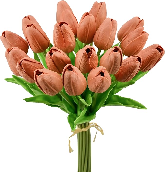 Mandy's Dark Orange Artificial Tulips Flowers Centerpiece, 13.5" Lifelike PU Fake Floral Stems 20pcs for Kitchen Island & Dining Table, Spring Decor for Easter