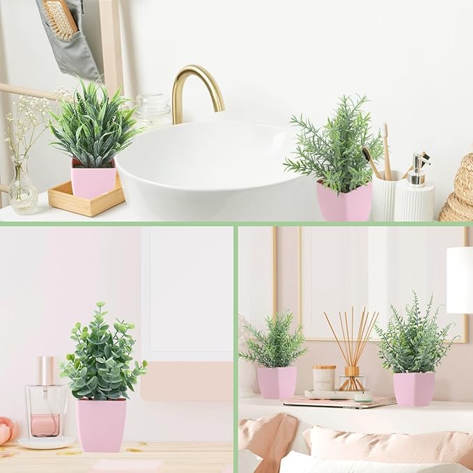 summer flower 4 Pack Small Fake Plants in Pink Pot Artificial Plant Indoor Eucalyptus Wheat Grass Ferns Rosemary Faux Greenery for Room Decor Home Office Desk Bathroom Kitchen Living Room Decorations