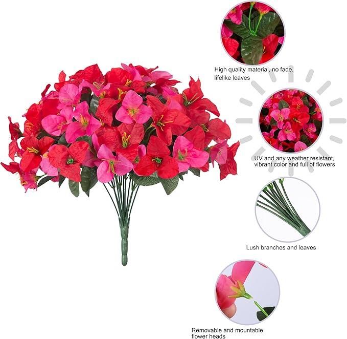 Artificial Flowers for Outdoors Outside Spring Summer Decor, 4 Bundles Silk Bougainvillea Fake Plants Faux Outdoor Flowers for Planters UV Resistant Realistic for Porch Window Garden Home, RedHotpink