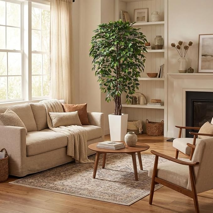 Aveyas 6ft Artificial Ficus Tree for Home Decor with White Pot, 6 Feet Faux Plant Fake Silk Trees for Indoor Outdoor House Living Room Office Garden (6 ft Tall Including Raised Pot)