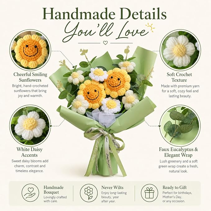 Crochet Flower Bouquet Handmade Knitted Sunflower Artificial Bouquet Positive Crocheted Sunflowers Bouquet with Exquisite Wrap for Valentine Mother's Day Graduation Anniversary (Green)