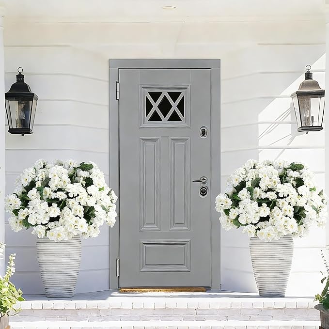 26Pcs Geranium Artificial Flowers for Outdoors Decoration Geranium Silk Flowers Outsides UV Resistant Garden Plants Faux Flower for Front Door Garden Porch Planter Patio Balcony Yard Indoor (White)