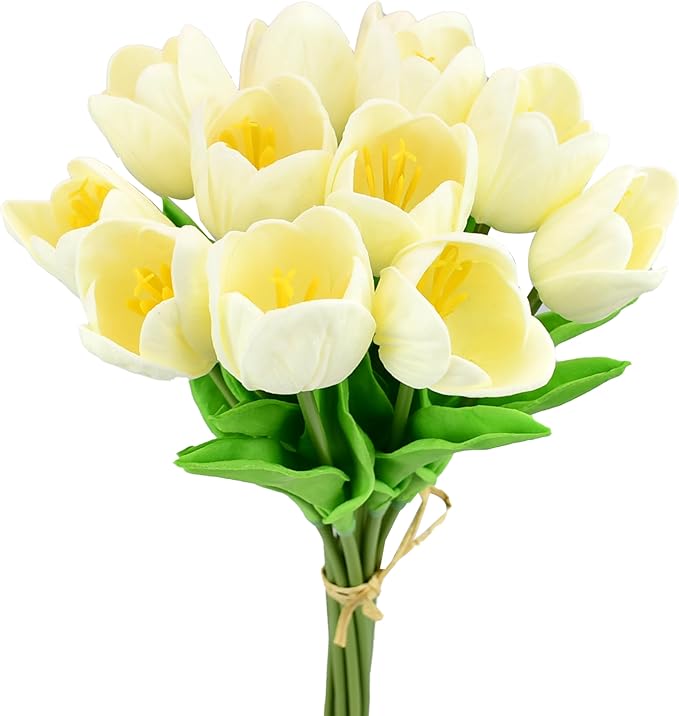 Mandy's Cream Partially Open Artificial Tulips Flowers Centerpiece, 13.5" Lifelike PU Fake Floral Stems 12pcs for Kitchen Island & Dining Table, Spring Decor for Easter
