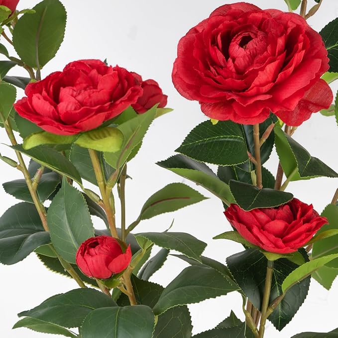 Artificial Camellia Tree 2 Pack, 3FT Faux Camellia Plant in Pot, 36 inch Fake Potted Camellia Flower Tree Plastic Camellia Tree for Modern Home Office Christmas Living Room Floor Decor Indoor, Red