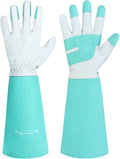 HANDLANDY Long Gardening Gloves for Men & Women, Thorn Proof Rose Pruning Gloves Leather Gauntlets Garden Glove Yard Work Glove (Teal Green, Medium)