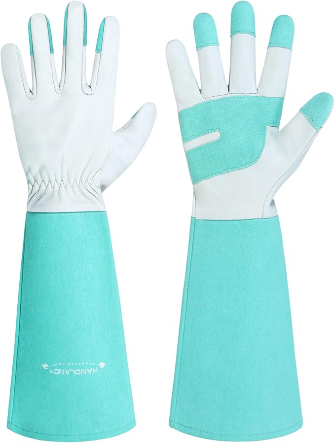 HANDLANDY Long Gardening Gloves for Men & Women, Thorn Proof Rose Pruning Gloves Leather Gauntlets Garden Glove Yard Work Glove (Teal Green, X-Small)