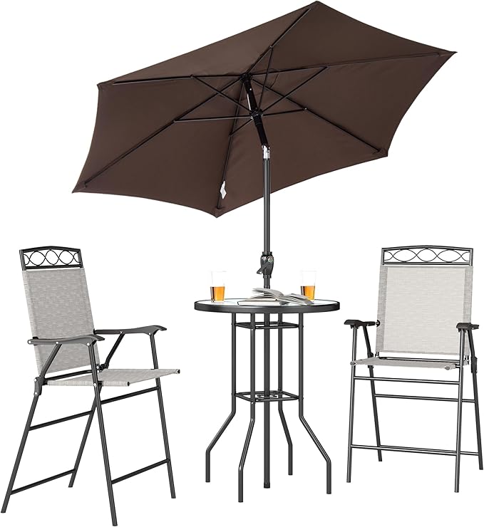 Outsunny 4 Piece Outdoor Patio Dining Furniture Set, 2 Folding Chairs, Adjustable Angle Umbrella, Wave Textured Tempered Glass Dinner Table, Beige