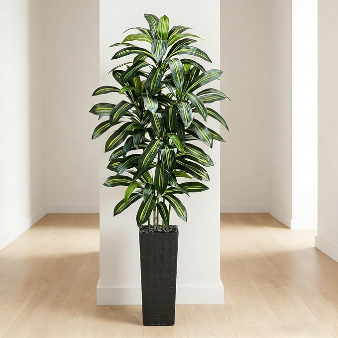 Artificial Dracaena Tree：7FT Faux Silk Tropical Yucca Floor Trees Realistic Fake Green Plant with Natural Wood Trunk & Lifelike Leaves for Home Office Decor Indoor & Outdoor (7FT,1-Pack,Black)