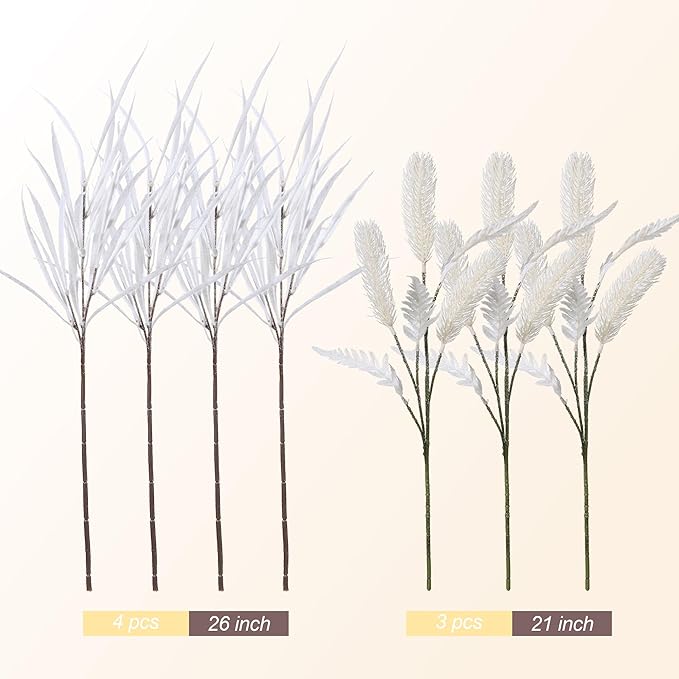 7 PCS Artificial Stems Fake Plants for Spring Summer Decor, 26 in Fake Leaves Greenery Branches White Silk Flowers Faux Foliage DIY Stems for Vase Home Kitchen Farmhouse Indoor Table Centerpiece