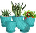 Meowell 7 inch Plant Pots for Indoor Outdoor Plants, 5 Pack Thick Flower Pots with Drainage Holes and Saucers, 3D Modern Wave Texture Plastic Planter Pots for Nursery and House Plants, Blue Green