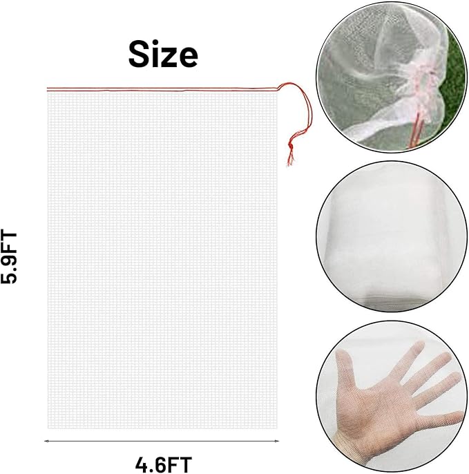 4 Pack Garden Neting Plant Insect Bird Barrier Mesh with Drawstring 4.6Ft x 5.91Ft Mesh Plant Covers Freeze Protection Tomato Barrier Bag for Garden Flower Blueberry Vegetables Fruits Bird Eating