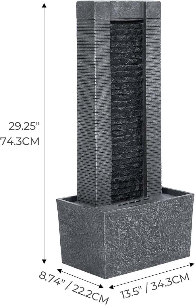 Teamson Home 29.25" Demeter Indoor/Outdoor Modern Waterfall Fountain with LED Lights, Black and Stone Gray
