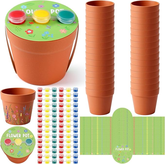 30 Set Paintable Flower Pot with Drainage Craft Kit DIY Flower Plant Crafts with Paint Flowerpot Lid for Spring Summer Gardening Art Project Classroom Party Activities