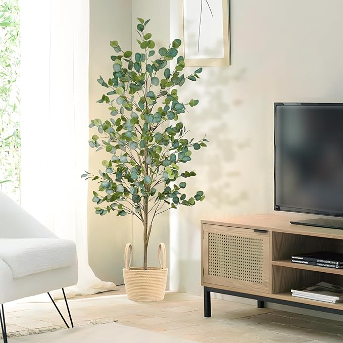 Caxchiling Artificial Eucalyptus Tree 6FT, Faux Tree for Indoor Outdoor, Potted Plants with Planter and Basket, Lifelike Silk Plants with Natural Wood Trunk, Home Office Greenery Decor, 2 Pack