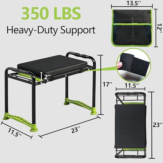 Garden Kneeler and Seat, Heavy Duty Garden Stool with 11" Wide Detachable Kneeling Pad, Foldable Garden Bench Chair with Gardening Tool Pouch and Bag, Gardening Gifts for Women, Seniors