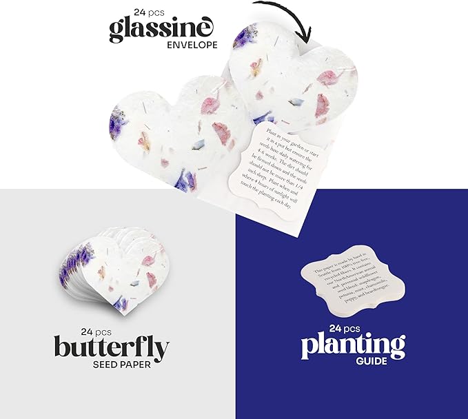 Set of 24 Mixed Heart Seed Paper – Writable & Plantable Wildflower with Envelopes & Planting Guides, Mom's Gift for Mother’s Day, Use for Wedding, Baby Shower, Heart Party Favors & Easter Decorations