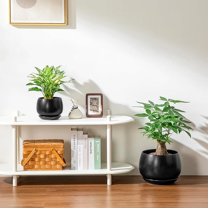 vancasso 3-Pack Ceramic Plant Pots, 7.3/9.6/11.6 Inch Indoor Planters with Saucers & Drainage Hole Planter pots for Indoor Plants and Flower, Black