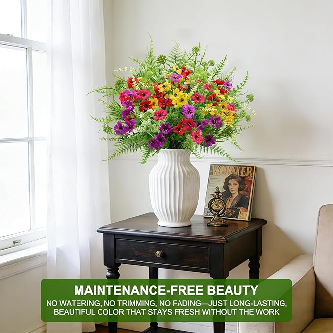 Artificial Flowers for Outdoors, UV Resistant No Fade 16 Bundles 7 Styles Fake Flowers Outdoor Faux Plant Colorful Daisy Boston Fern Lavender Cemetery Flowers for Outside Porch Patio Indoor Home Decor