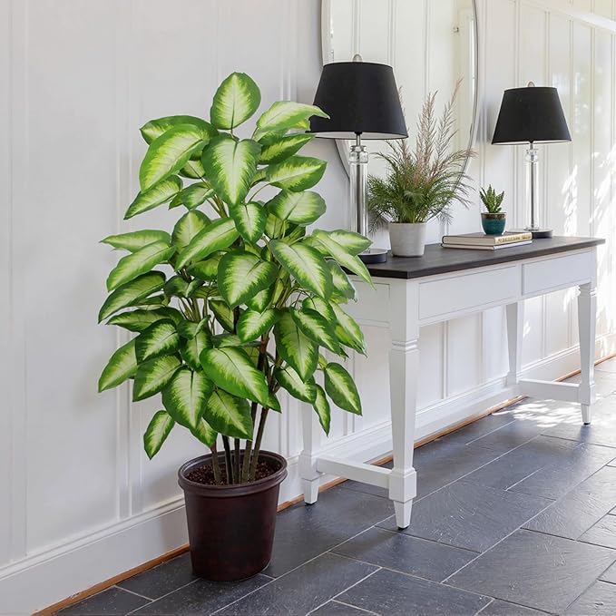 Artificial Golden Dieffenbachia 4ft Tall Artificial Plants Indoor Decorative Silk Plants Potted Faux Tropical Tree Lifelike House Floor Large Fake Tree for Home Living Room