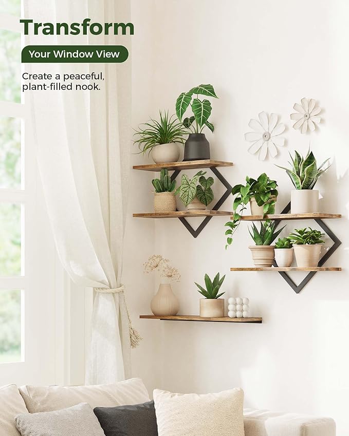 Bamworld Floating Shelves for Wall Planters for Indoor Plants Hanging Shelves Plant Holder Wall Decor Plant Stand Indoor for Plant Hangers Indoor for Living Room Bedroom Bathroom 2-Pack Brown Rhombus