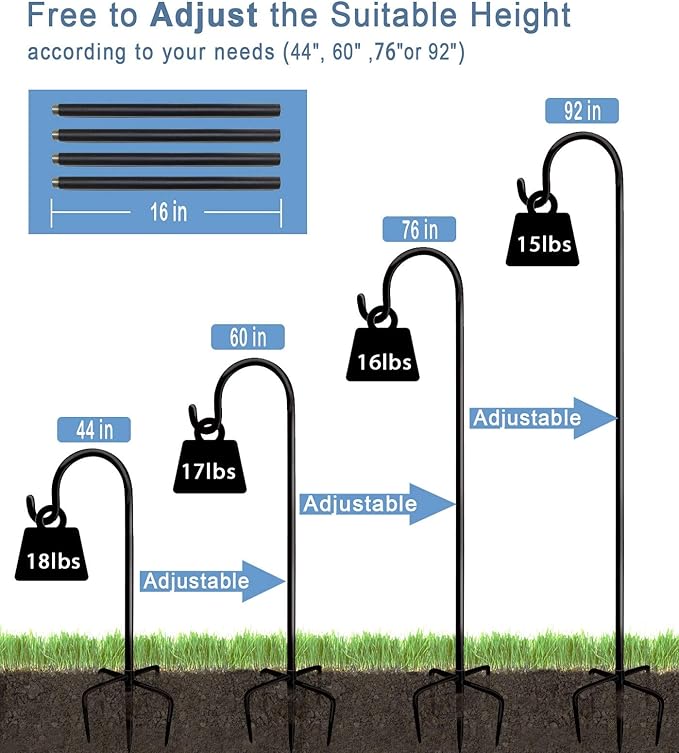 Artigarden 92 Inch Outdoor Shepherd Hooks with 5 Pronger Base (2 Packs), Adjustable Heavy Duty Garden Hanging Stand Holder for Bird Feeders Lanterns Planter Hanger, Matte Black